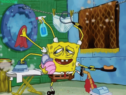 A meme of Spongebob doing several tasks