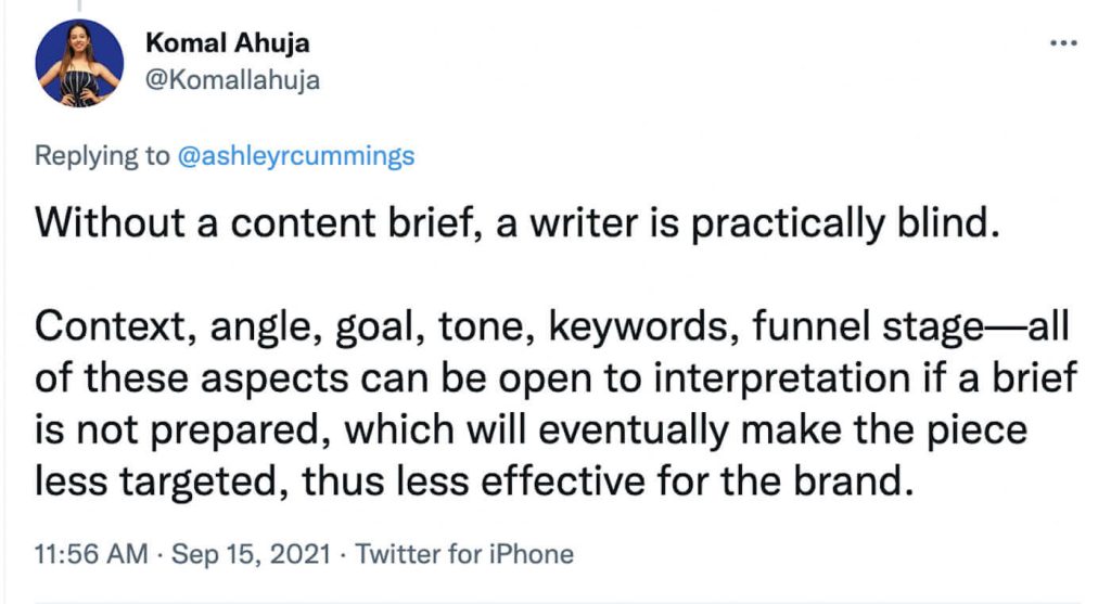 Screenshot of an X post by Komal Ahuja about why a content brief is important