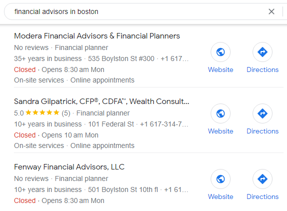 Screenshot of Google search results for "financial advisors in Boston". 