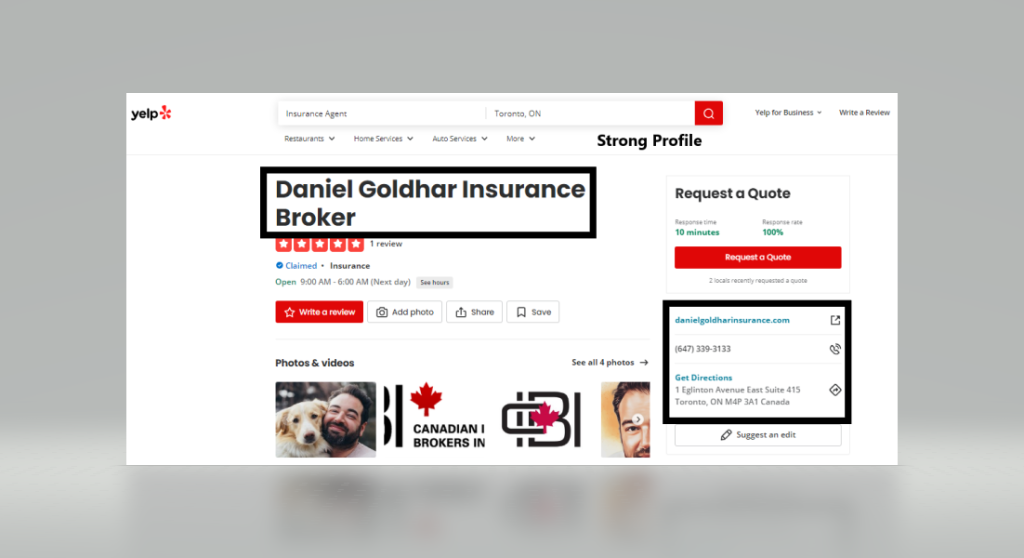 Screenshot of a Yelp page for Daniel Goldhar Insurance Broker.