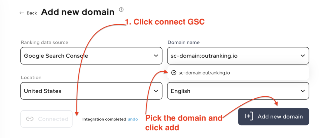 Screenshot of Outranking's "Add new domain" page
