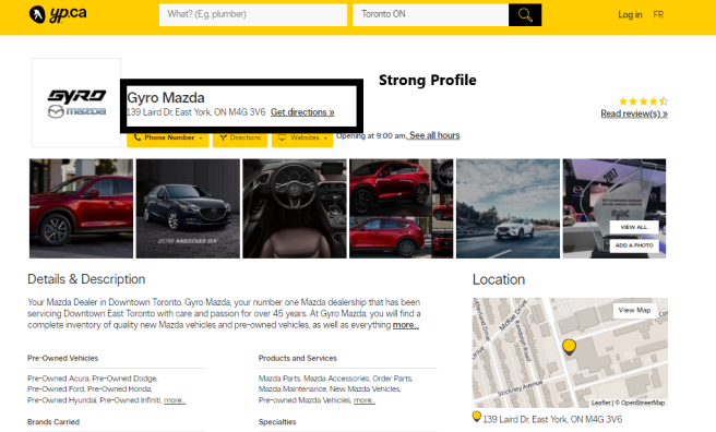 Screenshot of a Yellow Pages profile for Gyro Mazda.