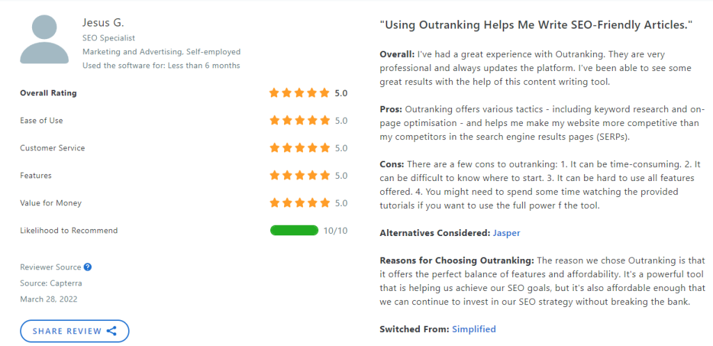 Screenshot of a positive review for Outranking on Capterra