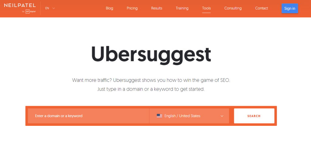 Screenshot of Ubersuggest's homepage.