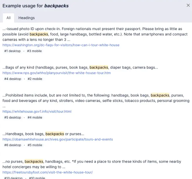 Screenshot of topic research provided by Clearscope for "backpacks". 