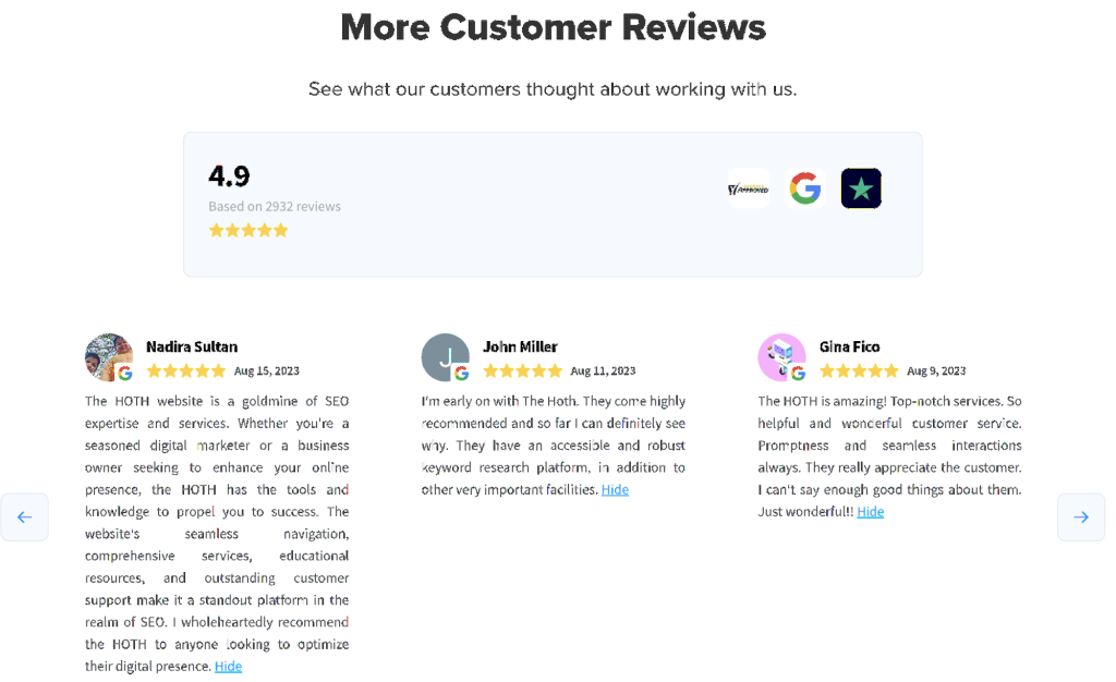Screenshot of customer reviews for The HOTH