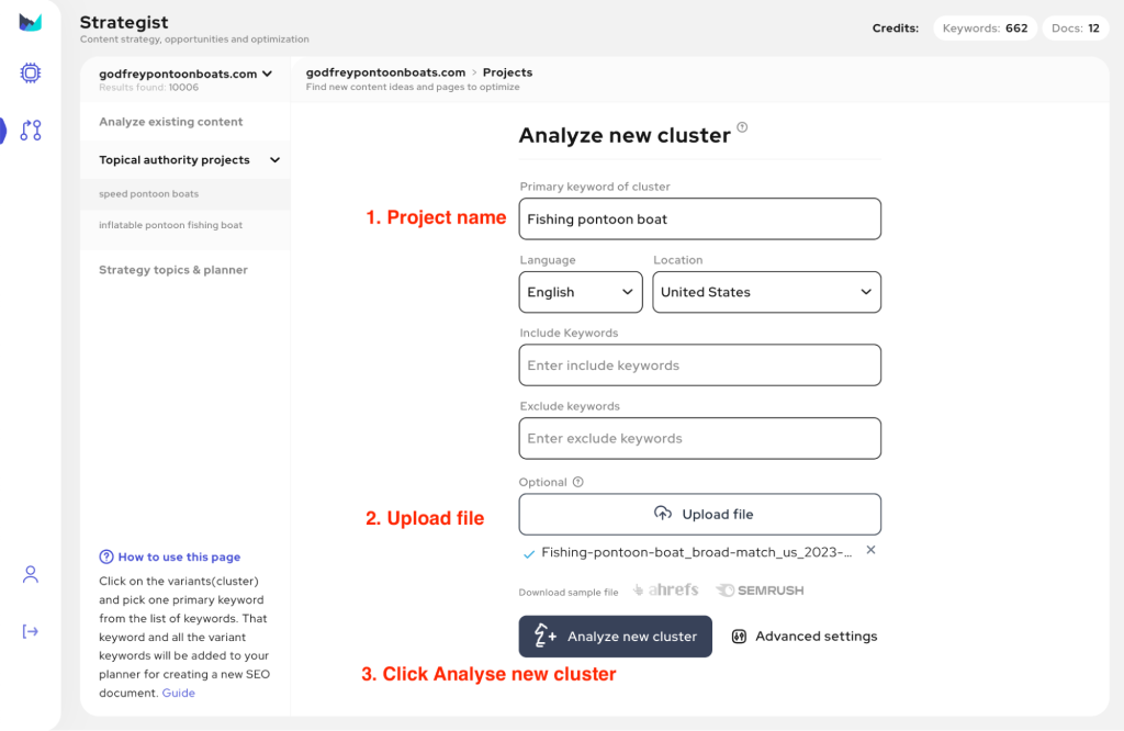 Screenshot of Outranking's "Analyze new cluster" page.