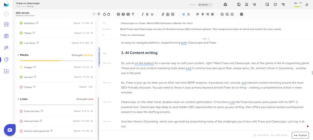 A screenshot of Outranking's content editor