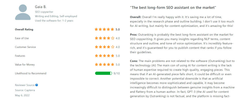 Screenshot of a positive review for Outranking on Capterra