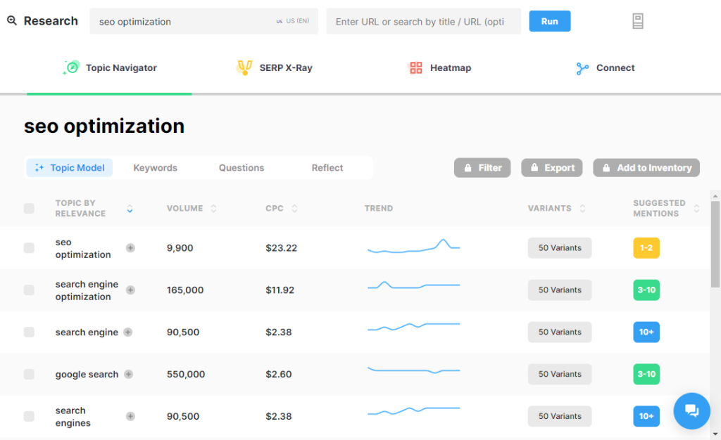 Screenshot of the Topic Navigator feature available on MarketMuse.