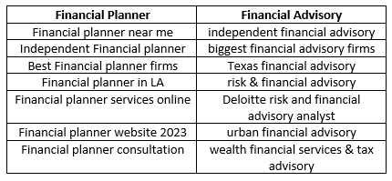 List of chosen keywords representing core areas like "financial planner" and "financial advisory". 
