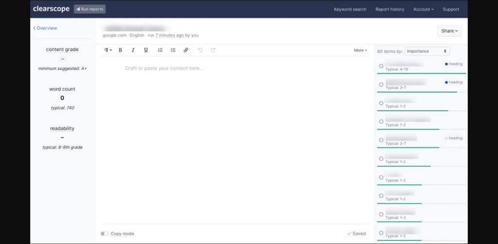 A screenshot of Clearscope's content editor and grader
