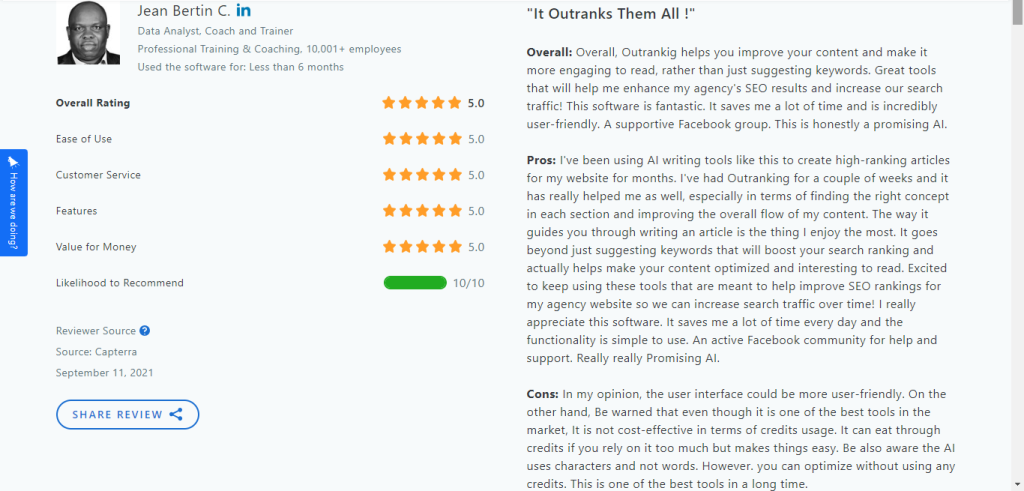 Screenshot of a positive Outranking review