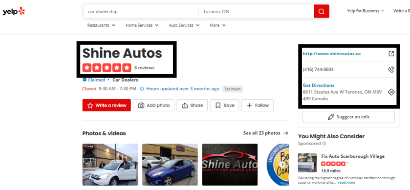 Screenshot of a Yelp page for Shine Autos.
