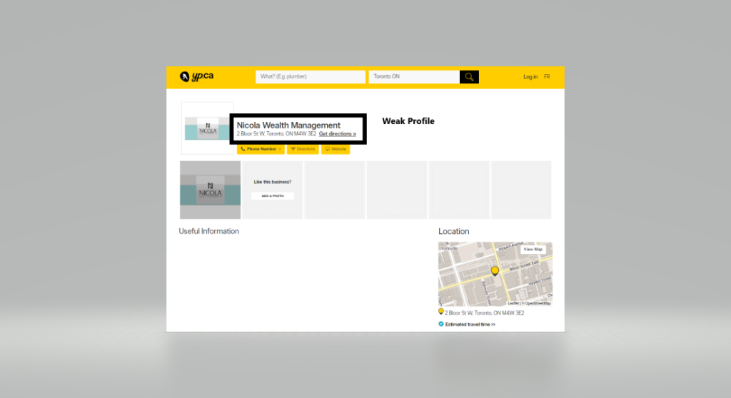 Screenshot of a financial advisory firm's Yellow Pages profile. 