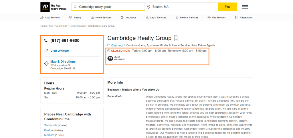 Screenshot of Cambridge realty group contact page on the yellow pages