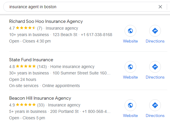 Screenshot of three insurance agencies on Google My Business.