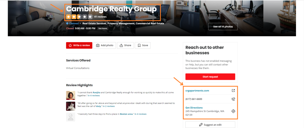Screenshot of Cambridge realty group Yelp Page